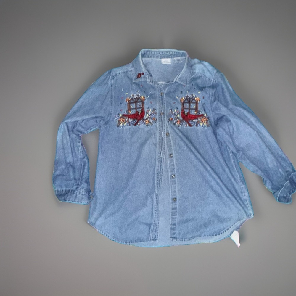 Vintage 90s Bobbie Brooks Embroidered Cardinal Denim Shirt Women's XL